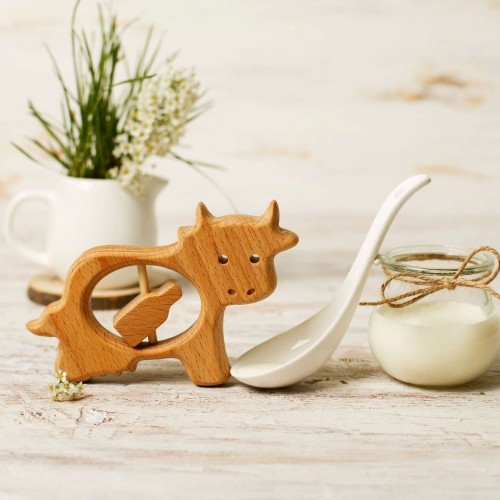 Wooden Baby teether Toy Cow and Milk
