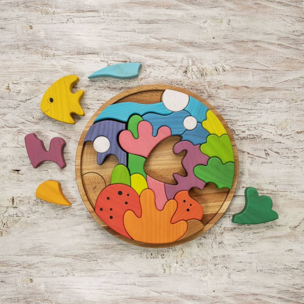 Kids Wooden Sea Puzzle - 25 Piece Ocean Life Educational Toy with ...