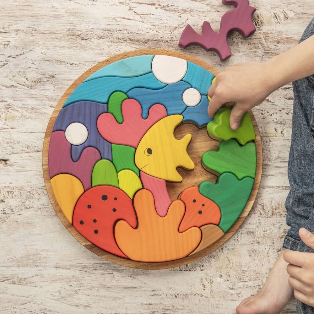 Kids Wooden Sea Puzzle - 25 Piece Ocean Life Educational Toy with ...