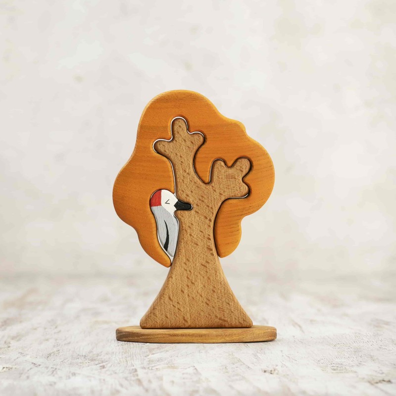 Wooden Fall Tree with Woodpecker Toy - A Whimsical, Educational Play Experience That Captures Autumn’s Beauty