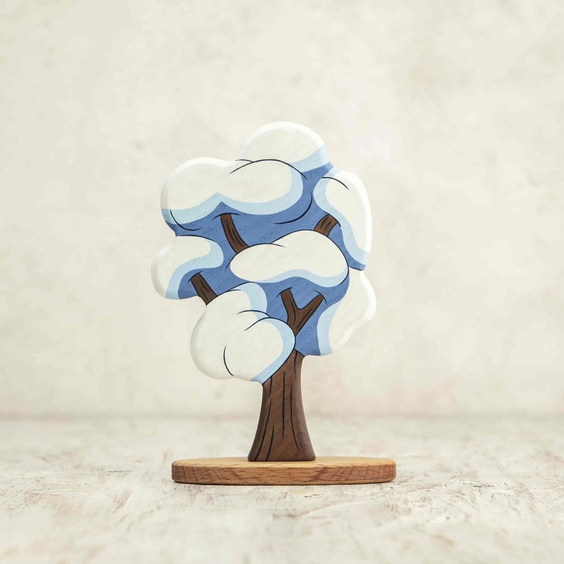 Whimsical Wooden Tree Toy with Snow - Enchanting Hand-Painted Winter Decor - Imaginative and Eco-Friendly Play